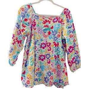 ODDY top, size large, multicolor florals, square neck with elastic, 3/4 sleeves.
